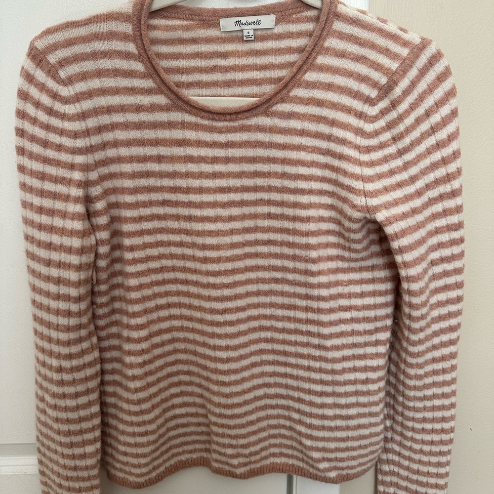 Madewell Women's Crew Neck Sweater - Pink and Cream Stripes